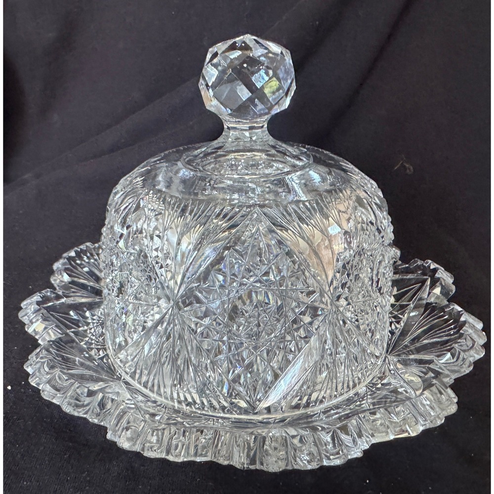 Vintage Cut Glass Butter Dish Round Domed Lid Starburst Pattern Crystal 2pc Set